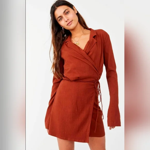 Free People Helena Wrap Mini Dress, Size Large, Brown, NWT